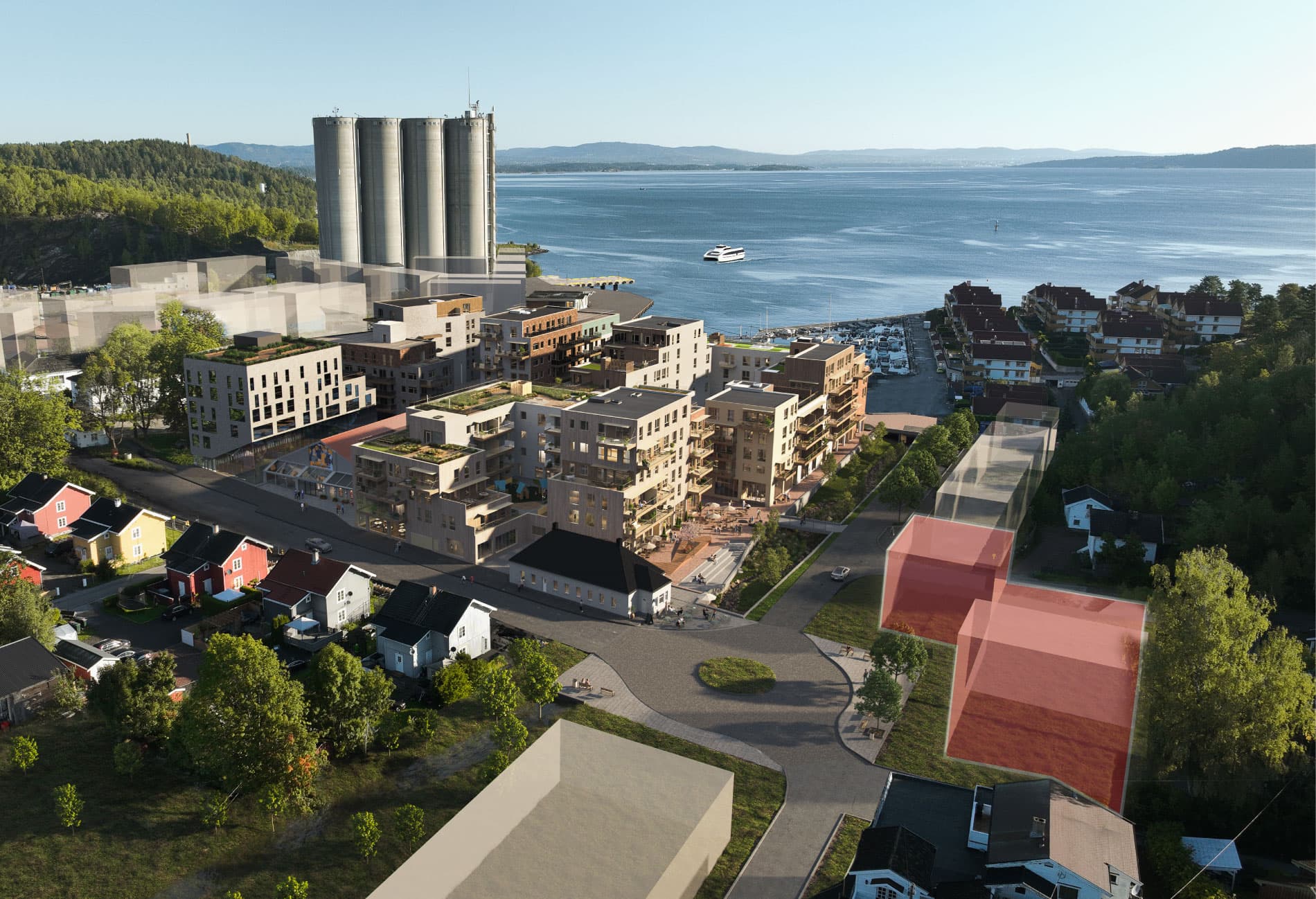 Oversiktsbilde av kystbyen slemmestad med tomten som rebus har kjopt markert til hoyre i bildet